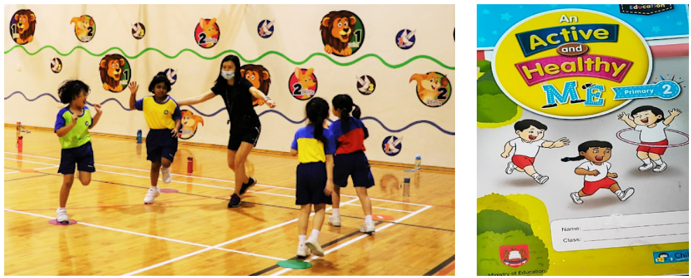 Children playing in a gym beside a Primary 2 workbook cover titled "An Active and Healthy Me."